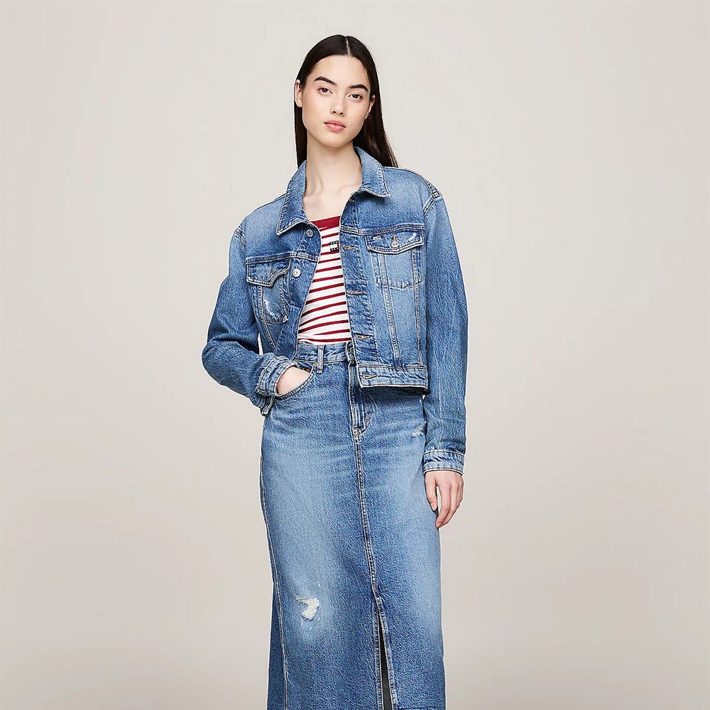 ג'קט ג'ינס טומי הילפיגר Slim Cropped Denim Trucker נשים