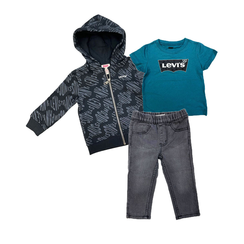 סט חולצה ג'ינס וג'קט קפוצ'ון ליוויס Zip Up Hoodie Tee Denim Jeans Set לתינוקות