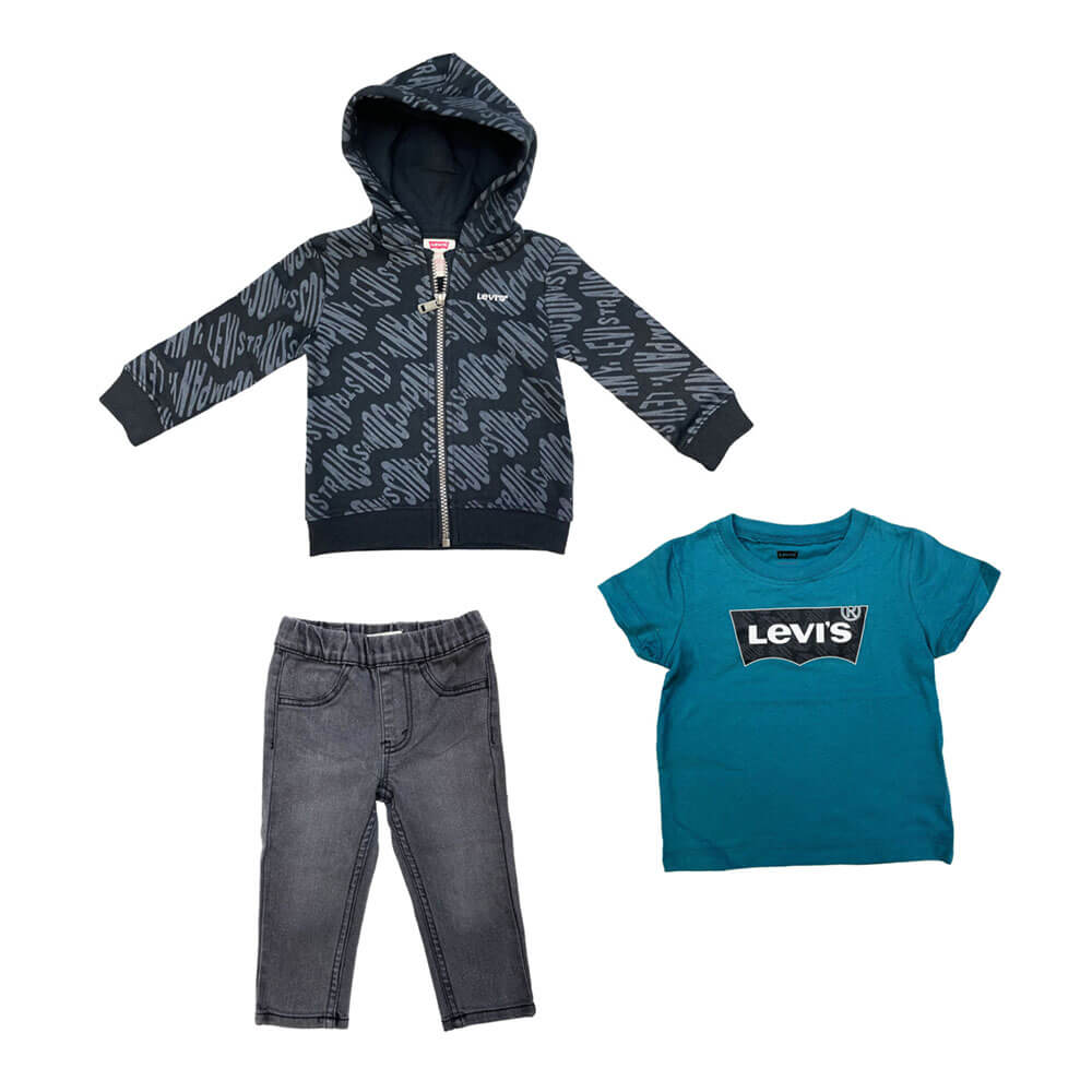 סט חולצה ג'ינס וג'קט קפוצ'ון ליוויס Zip Up Hoodie Tee Denim Jeans Set לתינוקות
