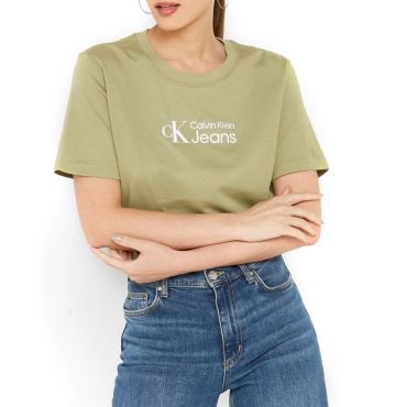 חולצת טישרט קלווין קליין קצרה לוגו וכיתוב במרכז חזה נשים